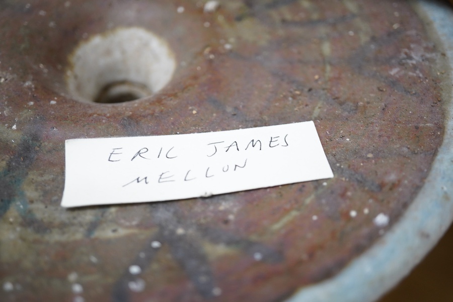 Eric James Mellon (1925-2014), a figural bottle vase, top rim chipped, inscribed to the base, together with a signed fragment, largest 42cm high